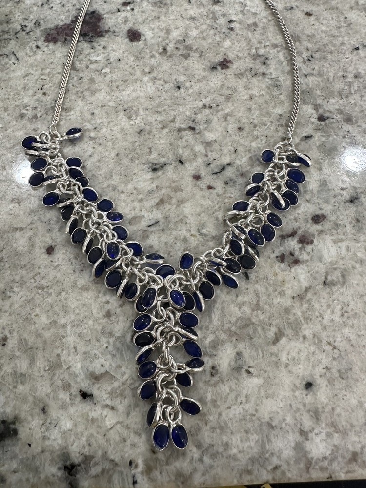 Vtg Sterling Silver 925 Blue Cabochon Stone Statement Necklace, 21in Long