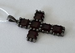 Vintage German 935 Silver Bohemian Garnet Cross Pendant Art Deco w/ Marcasite ￼
