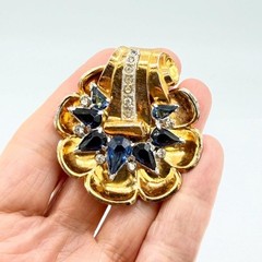 HTF Signed 1940s McClelland Barclay Gold-Tone Blue & Clear Rhinestone Dress Clip