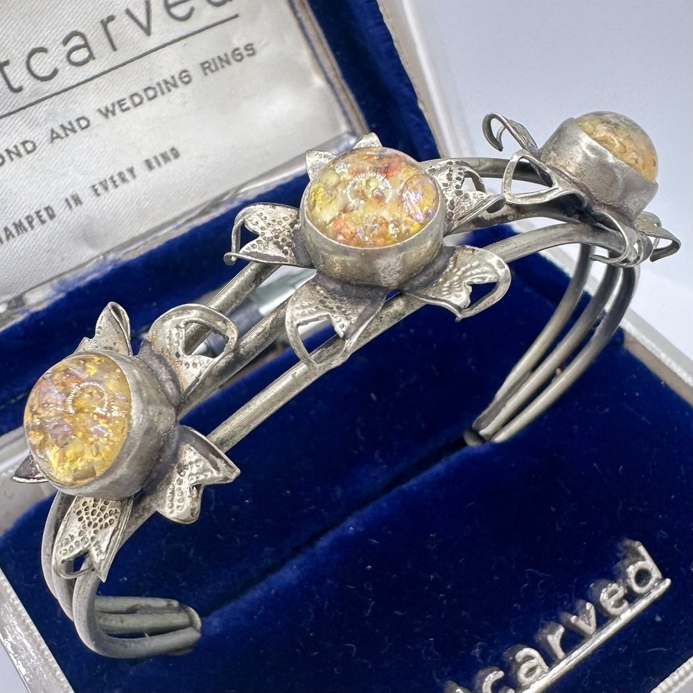 1940s vintage silver alloy floral art glass cabochons adjustable cuff bracelet