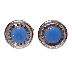 Vintage Swank Cufflinks Mens Silver Tone Blue Jewel Fluted Rim Bullet Back