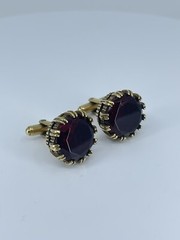 Red Glass cufflinks Faceted round prong set open gold tone 1-1/8″