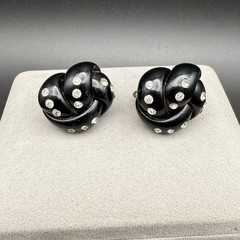 Vintage Black Lucite & Rhinestone Love Knot Screw Back Earrings Retro Statement