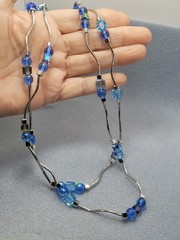 artisan-made blue bead necklaces, iridescent art glass and crystal elements 56in