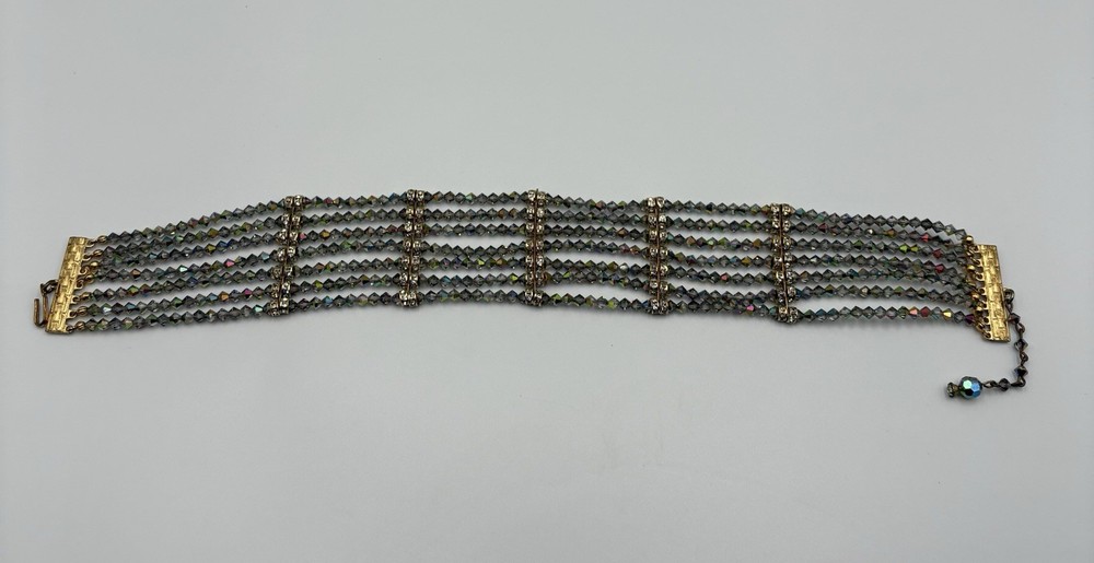 Vtg. 7 Std. Choker Dark Aurora Borealis Crystal Faceted Glass Beads/Rhinestones
