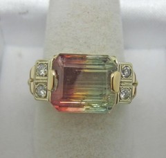 14K Yellow Gold Vintage 6.0 Carats Natural Bicolor Tourmaline Diamond Ring 6.25