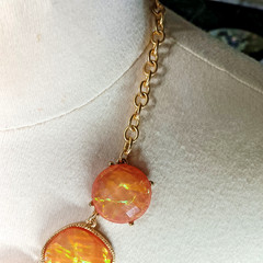Vintage Statement Necklace, Faux Fire Opal, Orange, Gold Tone Chain, c. 1970s