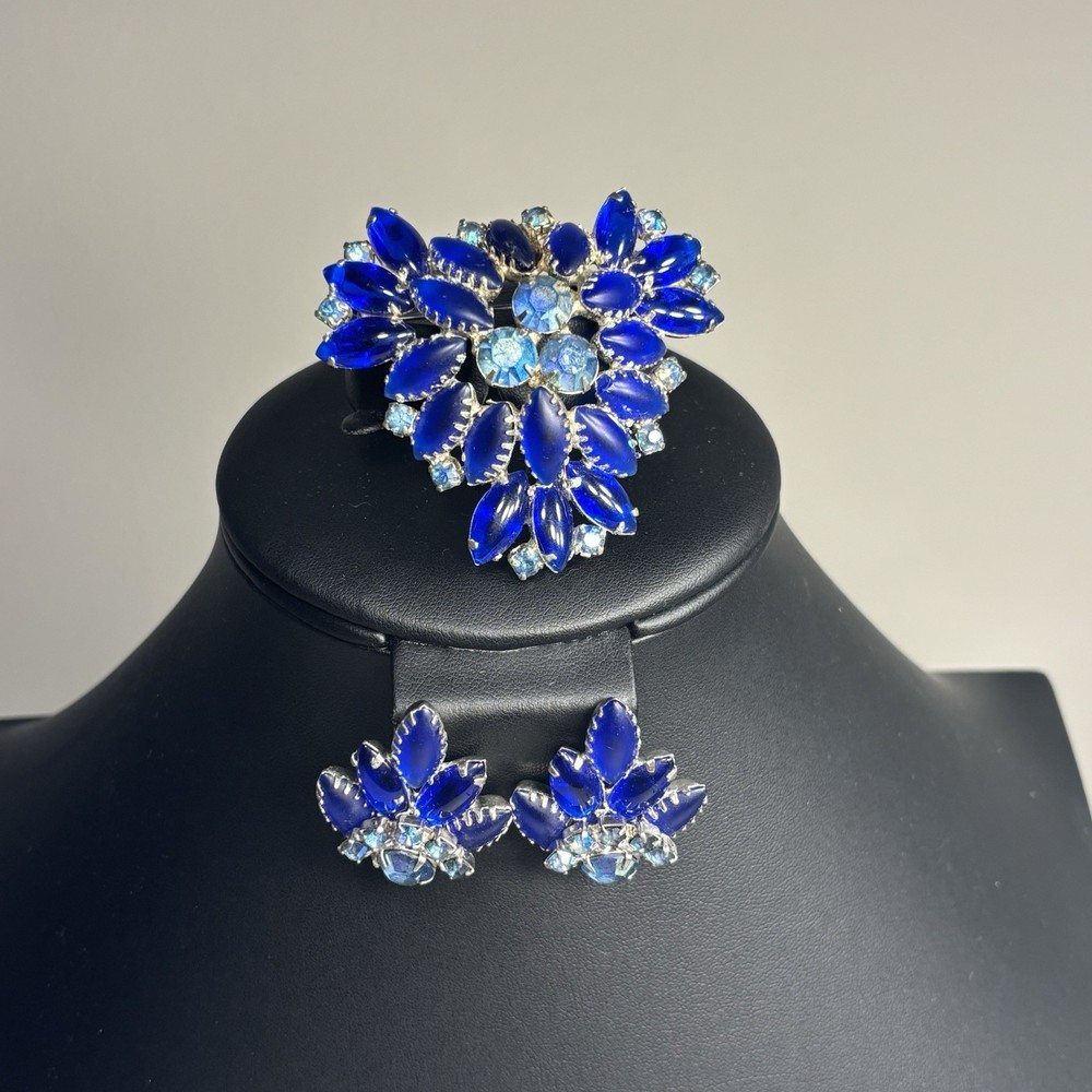 Vintage Blue Navette Silver Tone Open Back Brooch & Earrings set