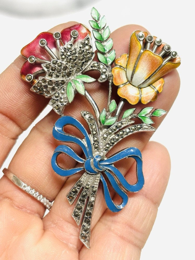 Vtg 925 Sterling Silver Marcasite Blue Red Green Enamel Flower Brooch Pin