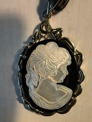 Vintage- style Large Cameo Pendant. White Mother of Pearl Portrait Carved.