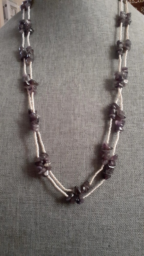 Amethyst Chips & White Glass seed Bead Station Double strand Necklace. 28 In.