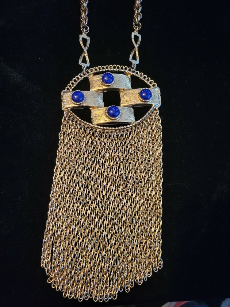 Vintage Very Large Bold Goldtone Blue Stone Edlee multi stand chain Necklace