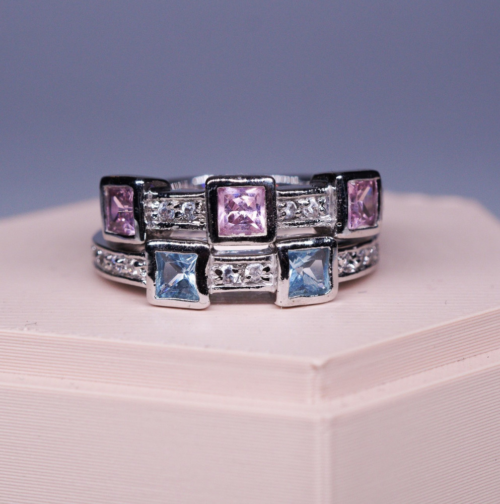 1990’s 18K White Gold-Plated Pink and Blue square stone 2 ring stack