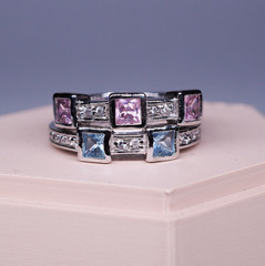 1990’s 18K White Gold-Plated Pink and Blue square stone 2 ring stack