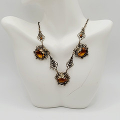 Czech Glass Art Nouveau Deco Flower Motif Brass Festoon Bib Amber Citrine 15 In