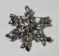 Vintage Silver Tone Snowflake Brooch Green & Blue Rhinestones 2″