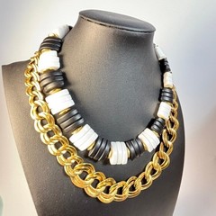 Statement Necklace Lot Black White Gold Chunky Curb Chain 18 in Vintage