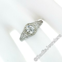 Vintage 14k White Gold 0.68ct Old Cut Diamond Solitaire Filigree Engagement Ring