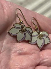 Laurel Burch Pear Blossom Dangle Earrings Cream Purple Enamel