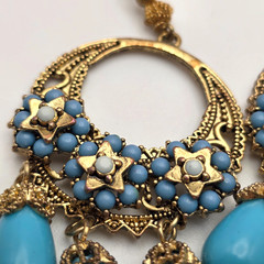 Vintage Moroccan Style Filigree Drop Earrings Blue Bead Gold Tone Dangle 3.5 in