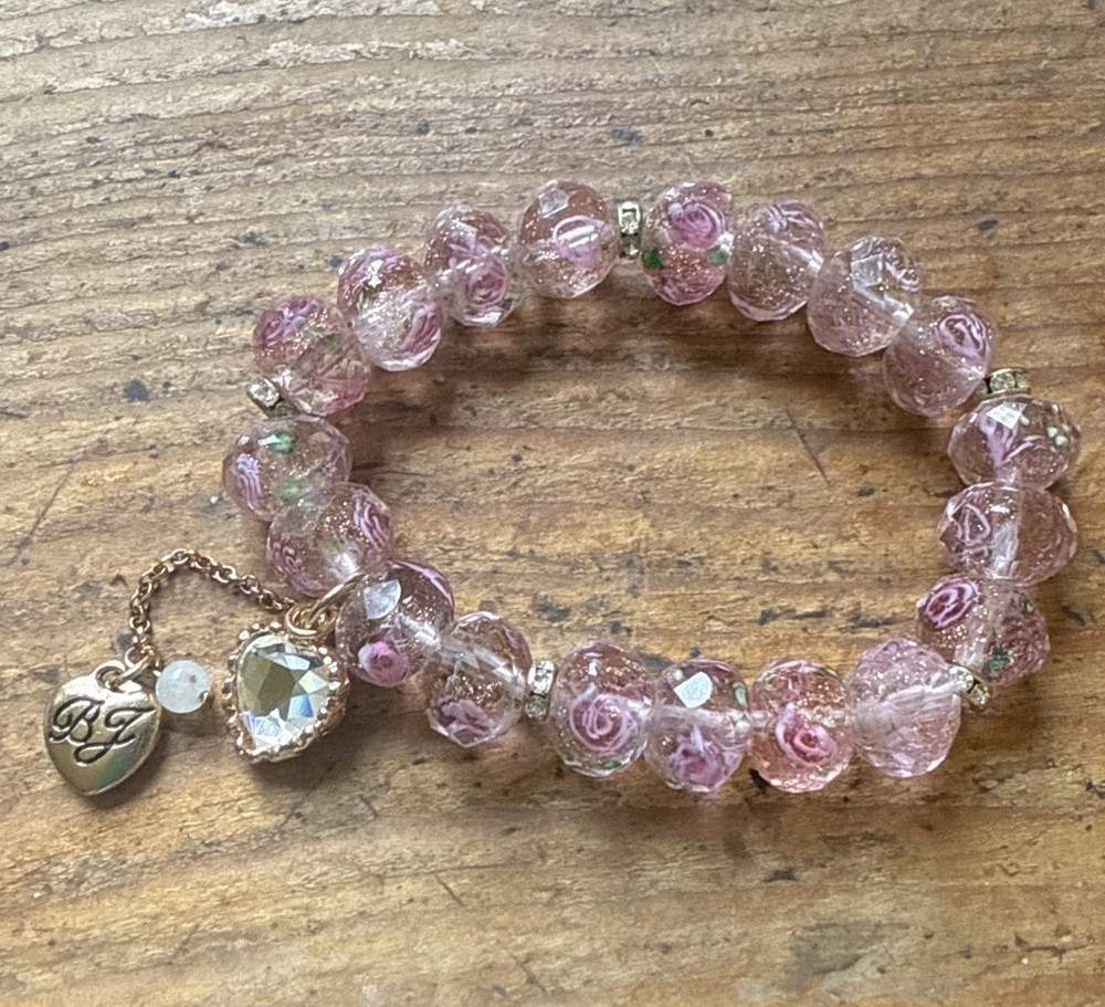 Vintage Betsy Johnson Pink Heart Charm Bracelet One Size Fits All