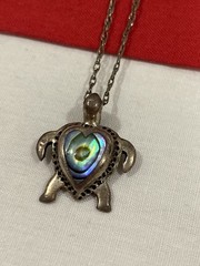 Vintage 925 Sterling Silver Abalone Heart Turtle Pendant & Chain Necklace 18.5”