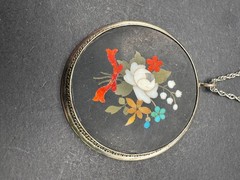 Antique Sterling Pietra Dura Pendant/Chain Floral Mosiac