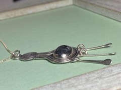 Vtg N/A? Tribal Obsidian Cab Dangle Paddle Pendant Sterling Silver Necklace-16″