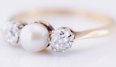Antique Victorian Two Stones Ladies Ring 18k Gold,0.80ct Diamonds Pearl AWC&Co