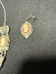 Vintage 800 Silver Filigree Cameo Parure Necklace & Earrings