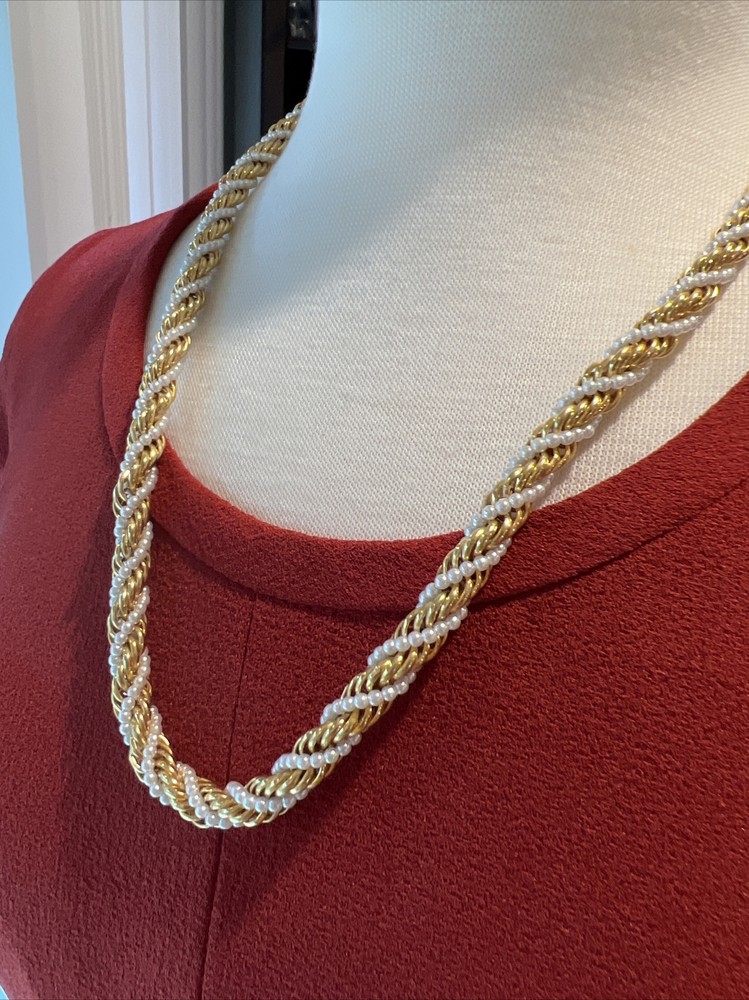 Vintage Gold Tone Metal Faux Pearl 24” Necklace Multi Strand Twist 5707