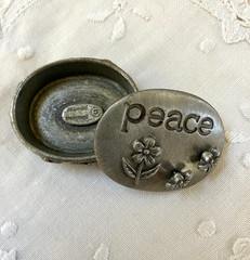 Vintage Pewter Trinket Box ‘Peace’ with Earrings and Brooch Tiny 1 inch
