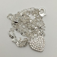 Silver Tone Pave CZ Heart Specialty Chain Necklace Adjustable 18-21” #15