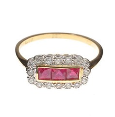 18KT GOLD FINISH RUBY AND LAB CREATED DIAMOND CLUSTER 925 STERLING SILVER RING