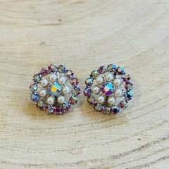 VTG B. David earrings Aurora Borealis crystal Rhinestone Jeweled pearl clip rare