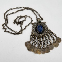 Vintage Middle Eastern Ornate Handcrafted Pendant Necklace w Lapis Lazuli Stone
