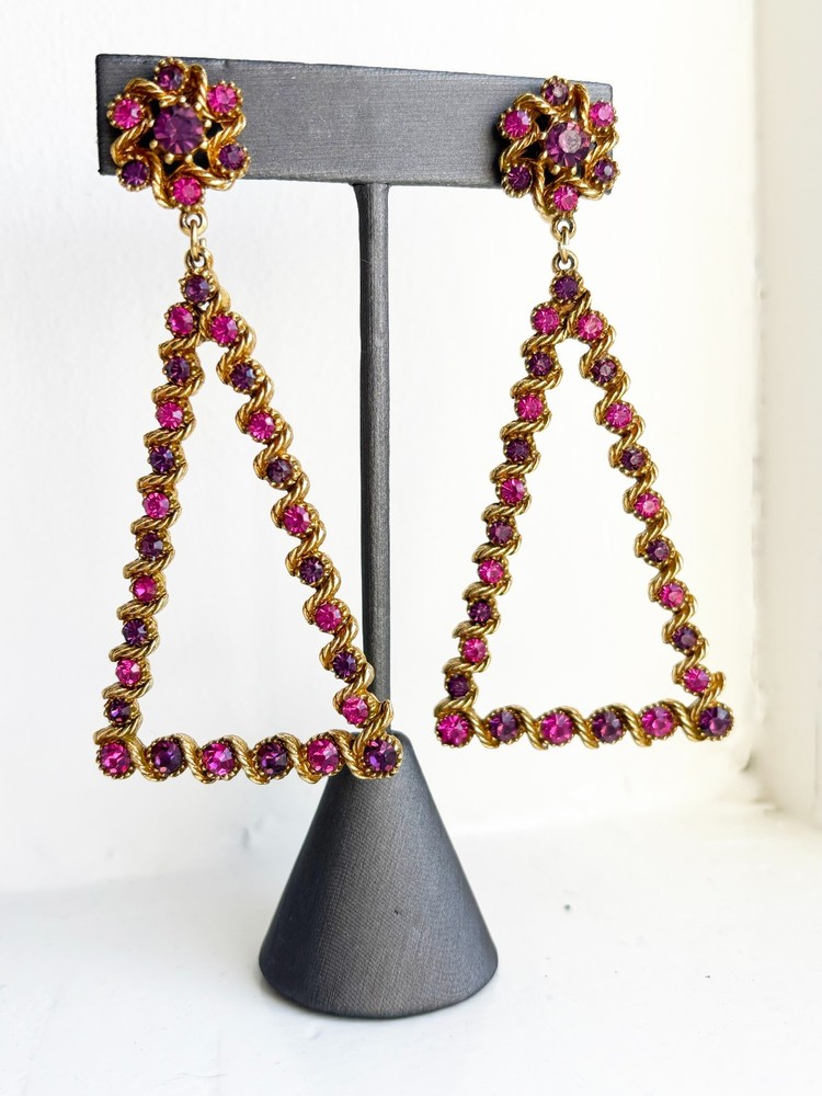 Vintage ART Clip-on Dangle Triangle Earrings, Pink & Purple Stones, 3.5-inches