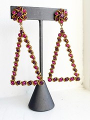 Vintage ART Clip-on Dangle Triangle Earrings, Pink & Purple Stones, 3.5-inches