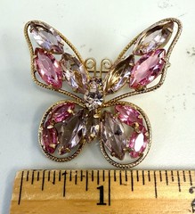VTG Pink & Lavender Rhinestone Butterfly Brooch ,Clip-On Earrings Set,Gold Tone