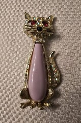 CAT Brooch Pin, Vintage Mod Costume Rhinestone Pink Jelly Belly Aurora Borealis