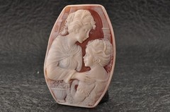 Vintage hexagon shape shell cameo “Mother and Daughter” (68.5ct) sign by artist.