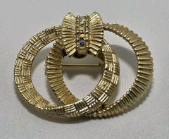 Vintage Double Circle Brooch Pin Aurora Borealis Rhinestones Gold Tone