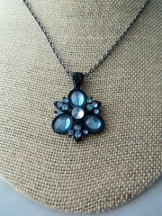 Vintage Sky Blue Rhinestone Cluster Black Enamel Pendant Necklace