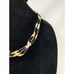 Vintage Faux Pearl & Beaded Necklace 3 Strand Black White Gold Tone