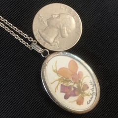 Vtg OOAK Artisan Encased Dried Flower Pendant Chain Necklace ST 24” Signed