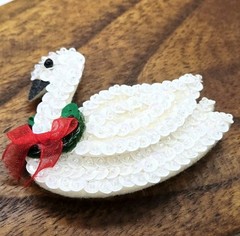 Swan Brooch Christmas Pin Sequin White with Wreath around Neck 2.25 in ELEGANT