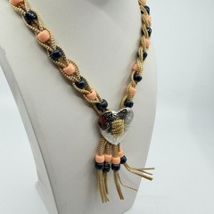 Boho Heart Bolo Necklace Gold Tone Woven Cord Peach Black Beads
