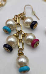Vintage Gold Tone Faux Pearl Colorful Disc Fringe Necklace Earrings Set 36 In