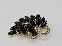 Juliana D&E Jet Black Marquise Flower & Crystal Rhinestone Highlights Brooch-(I)
