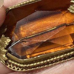 Vintage Nouveau Signed Czech Topaz Amber Glass Open Bezel Set Brooch Pin Amazing